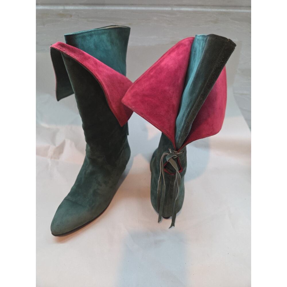 Bottes vintage Unique Rare CASSANDRE Green And Red Suede US Size 6.5 Euro 36.5